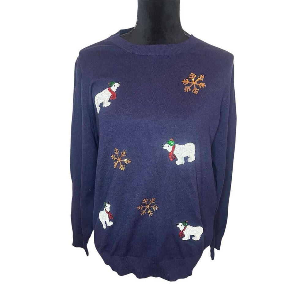 Victoria Harbour Women's Navy Sequin Polar Bear Pullover Sweater Size‎ L